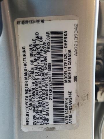 2T1KR32E93C113089 - 2003 TOYOTA COROLLA MA XR SILVER photo 12