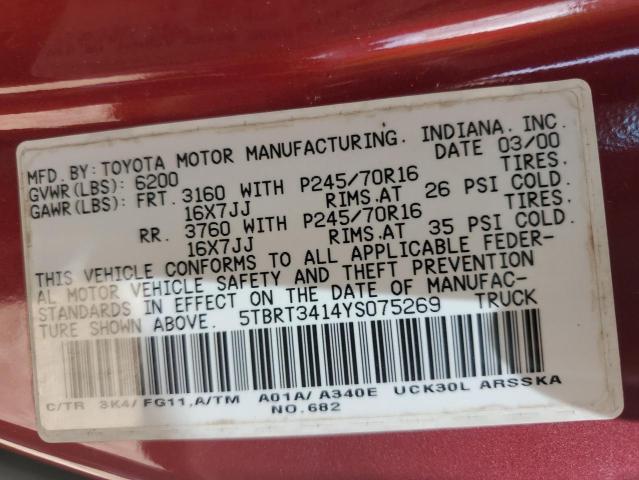 5TBRT3414YS075269 - 2000 TOYOTA TUNDRA ACCESS CAB BURGUNDY photo 13