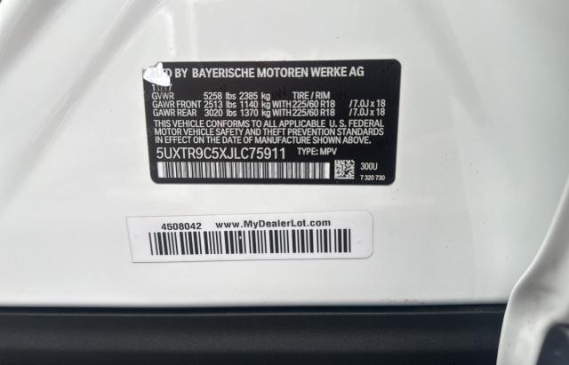 5UXTR9C5XJLC75911 - 2018 BMW X3 XDRIVE30I WHITE photo 10