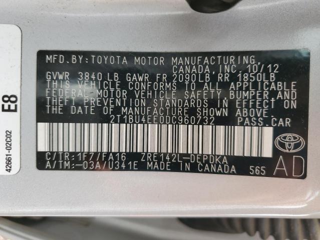 2T1BU4EE0DC960732 - 2013 TOYOTA COROLLA BASE SILVER photo 12