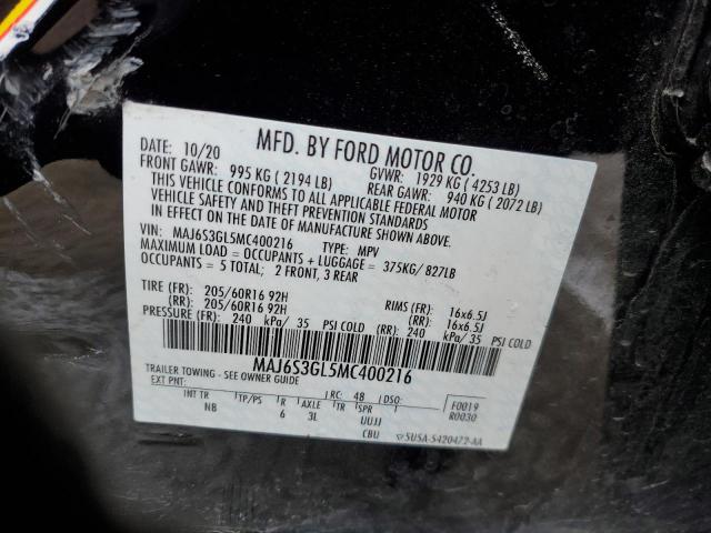 MAJ6S3GL5MC400216 - 2021 FORD ECOSPORT SE Սև լուսանկար 12