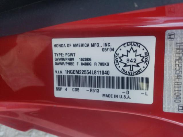 1HGEM22554L811040 - 2004 HONDA CIVIC LX RED photo 12