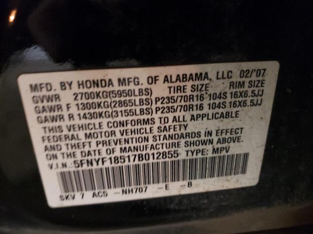 5FNYF18517B012855 - 2007 HONDA PILOT EXL BLACK photo 13