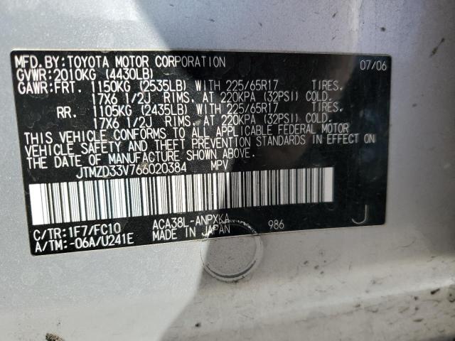 JTMZD33V766020384 - 2006 TOYOTA RAV4 SILVER photo 12