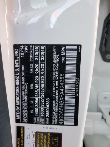 4JGDA5HBXFA494285 - 2015 MERCEDES-BENZ ML 350 4MATIC WHITE photo 12