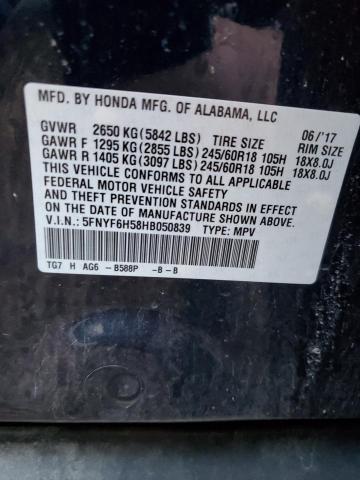 5FNYF6H58HB050839 - 2017 HONDA PILOT EXL BLUE photo 13