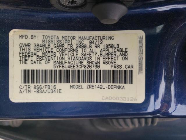 5YFBU4EE3CP026790 - 2012 TOYOTA COROLLA BASE BLUE photo 13