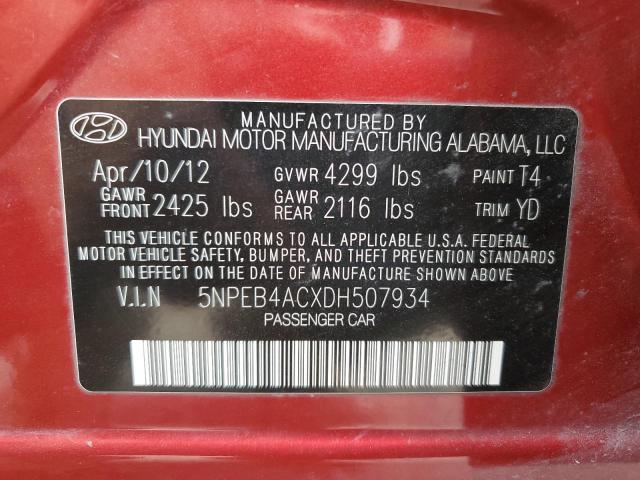 5NPEB4ACXDH507934 - 2013 HYUNDAI SONATA GLS RED photo 12