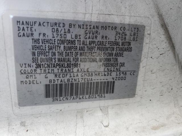 3N1CN7AP6KL801981 - 2019 NISSAN VERSA S WHITE photo 12