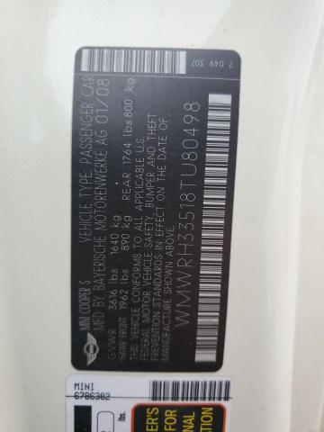 WMWRH33518TU80498 - 2008 MINI COOPER S WHITE photo 12