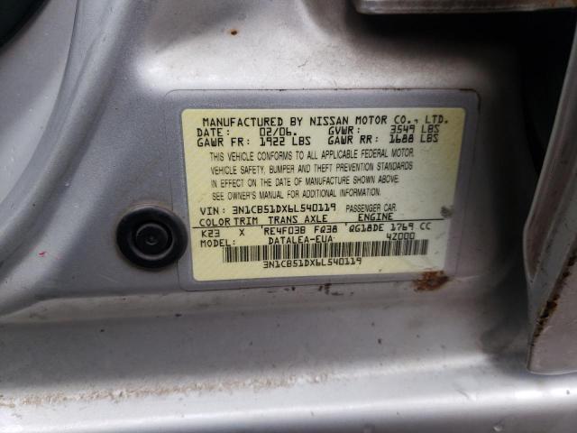 3N1CB51DX6L540119 - 2006 NISSAN SENTRA 1.8 SILVER photo 12