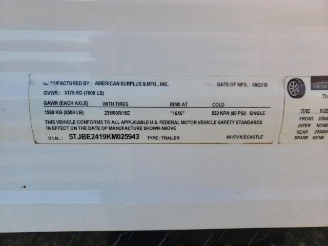 5TJBE2419KM025943 - 2019 AMERICAN MOTORS TRAILER WHITE photo 10