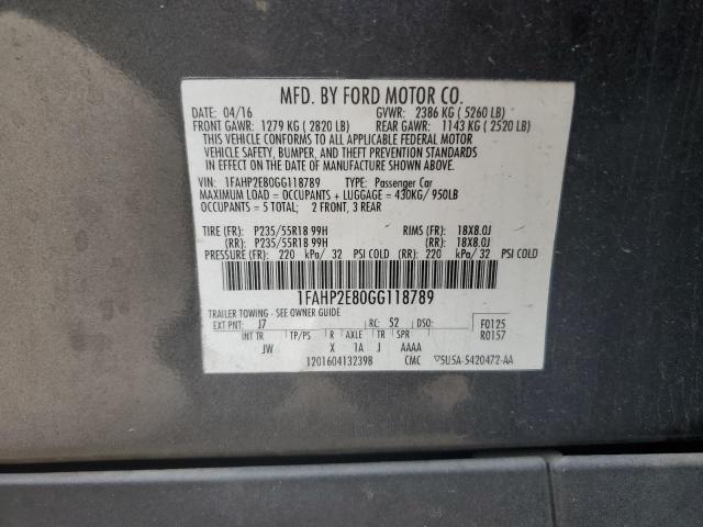 1FAHP2E80GG118789 - 2016 FORD TAURUS SEL GRAY photo 12