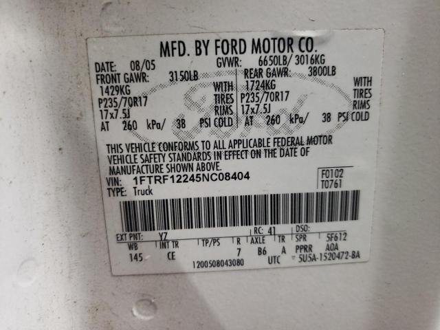 1FTRF12245NC08404 - 2005 FORD F150 WHITE photo 12