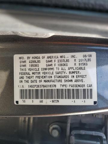 1HGCP26379A018378 - 2009 HONDA ACCORD LX GRAY photo 12