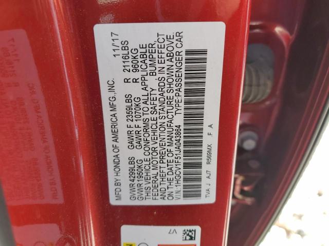 1HGCV1F51JA043864 - 2018 HONDA ACCORD EXL RED photo 13