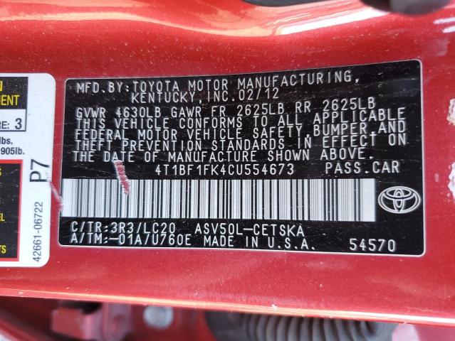 4T1BF1FK4CU554673 - 2012 TOYOTA CAMRY BASE RED photo 12