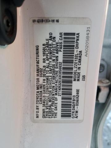 2T1KR32E33C056632 - 2003 TOYOTA COROLLA MA XR WHITE photo 12