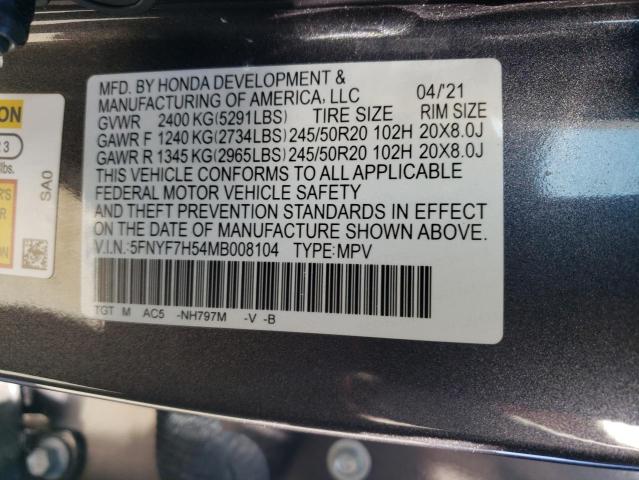 5FNYF7H54MB008104 - 2021 HONDA PASSPORT EXL GRAY photo 14