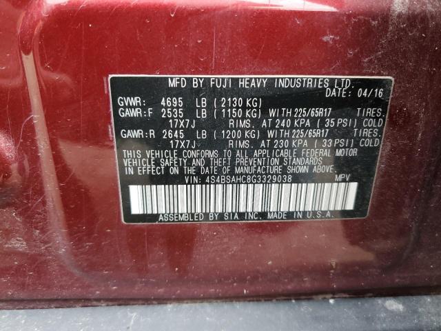 4S4BSAHC8G3329038 - 2016 SUBARU OUTBACK 2.5I PREMIUM RED photo 12