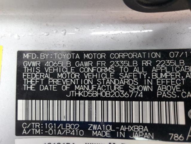 JTHKD5BH0B2036774 - 2011 LEXUS CT 200 SILVER photo 13