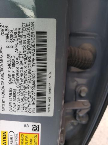 1HGCV2F99MA016313 - 2021 HONDA ACCORD TOURING GRAY photo 12