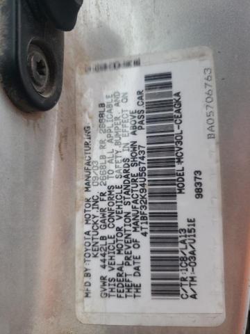 4T1BF32K94U567437 - 2004 TOYOTA CAMRY LE TAN photo 12