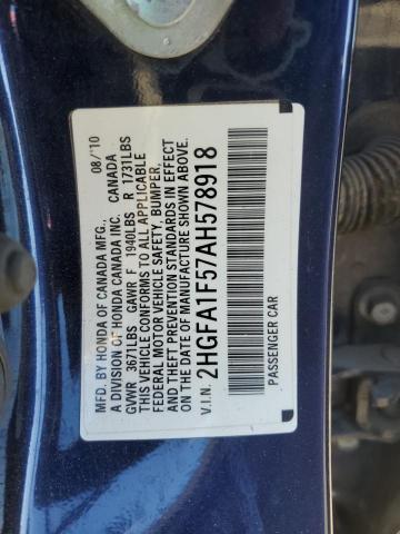 2HGFA1F57AH578918 - 2010 HONDA CIVIC LX BLUE photo 12