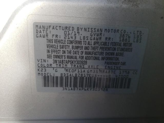 3N1AB7AP6KY303928 - 2019 NISSAN SENTRA S SILVER photo 12