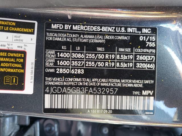 4JGDA5GB3FA532957 - 2015 MERCEDES-BENZ ML 400 4MATIC GRAY photo 12