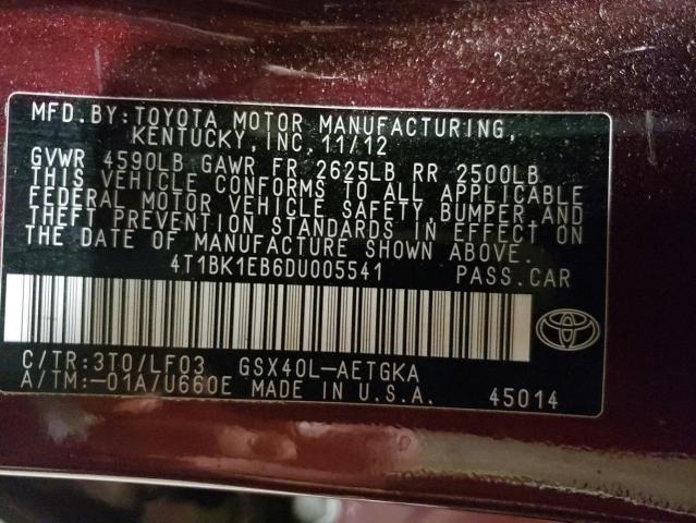 4T1BK1EB6DU005541 - 2013 TOYOTA AVALON BASE BURGUNDY photo 12