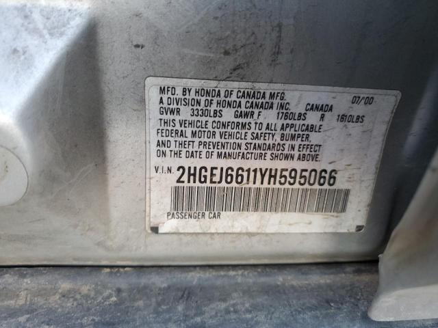 2HGEJ6611YH595066 - 2000 HONDA CIVIC BASE SILVER photo 12