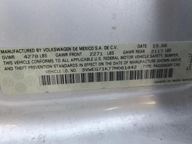 3VWEG71K77M061442 - 2007 VOLKSWAGEN JETTA WOLFSBURG 银色 照片 12