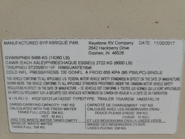 4YDF33121JA742337 - 2018 KEYSTONE MONTANA 双色 照片 10