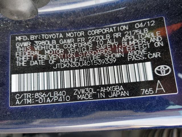 JTDKN3DU4C1539339 - 2012 TOYOTA PRIUS BLUE photo 12