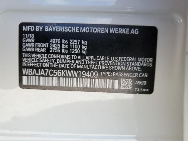 WBAJA7C56KWW19409 - 2019 BMW 530 XI WHITE photo 12