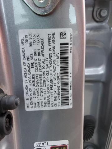 2HKRW6H31KH220020 - 2019 HONDA CR-V LX SILVER photo 12