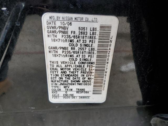 JN8AZ08W17W610830 - 2007 NISSAN MURANO SL BLACK photo 13