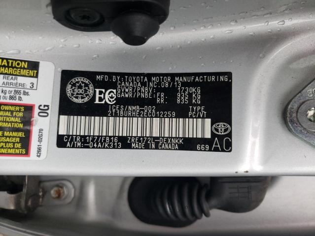 2T1BURHE2EC012259 - 2014 TOYOTA COROLLA L SILVER photo 12