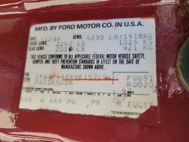 1FABP44EXKF157154 - 1989 FORD MUSTANG LX BURGUNDY photo 12