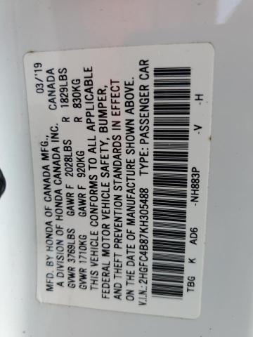 2HGFC4B87KH305488 - 2019 HONDA CIVIC SPORT 白色 照片 12