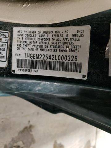 1HGEM22542L000326 - 2002 HONDA CIVIC LX GREEN photo 12