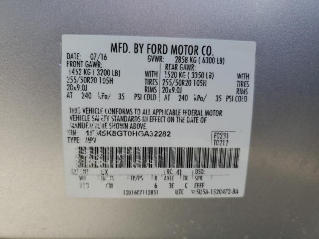 1FM5K8GT0HGA32282 - 2017 FORD EXPLORER SPORT SILVER photo 13