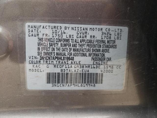 3N1CN7AP9HL819948 - 2017 NISSAN VERSA S GRAY photo 12