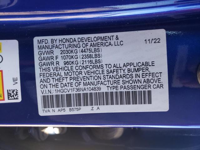 1HGCV1F36NA104839 - 2022 HONDA ACCORD SPORT BLUE photo 12