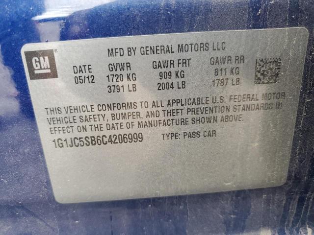 1G1JC5SB6C4206999 - 2012 CHEVROLET SONIC LT BLUE photo 12