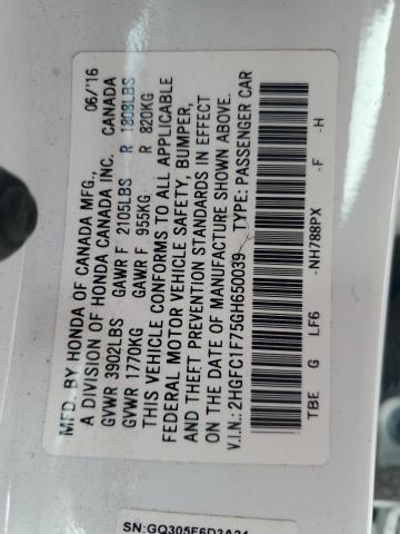 2HGFC1F75GH650039 - 2016 HONDA CIVIC EXL Սպիտակ լուսանկար 13