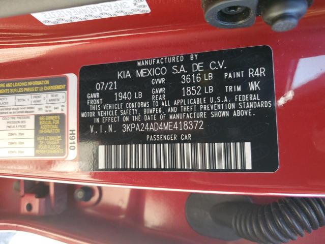 3KPA24AD4ME418372 - 2021 KIA RIO LX RED photo 12