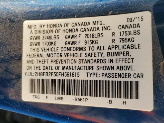 2HGFB2F50FH561615 - 2015 HONDA CIVIC LX BLUE photo 13