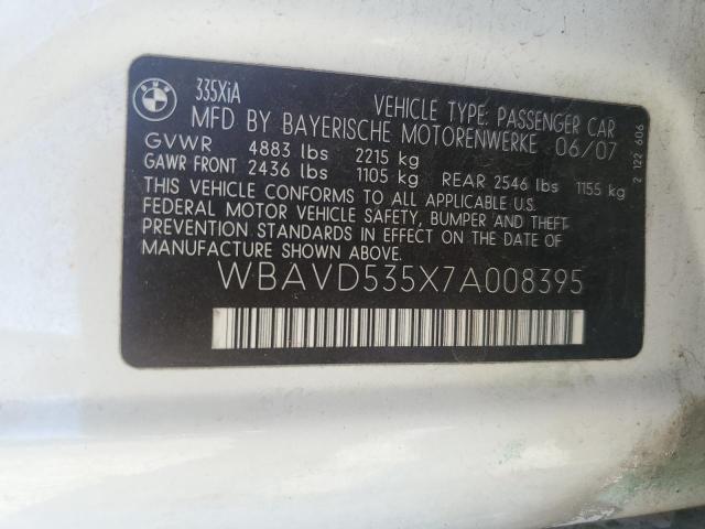 WBAVD535X7A008395 - 2007 BMW 335 XI WHITE photo 12